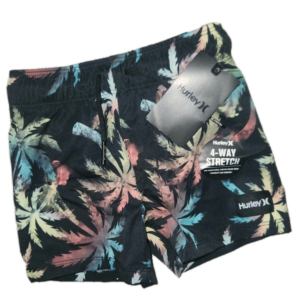 Nwt Hurley Black With‎ Colorful Palm Tree Silhouettes 2t Swim Trunks
